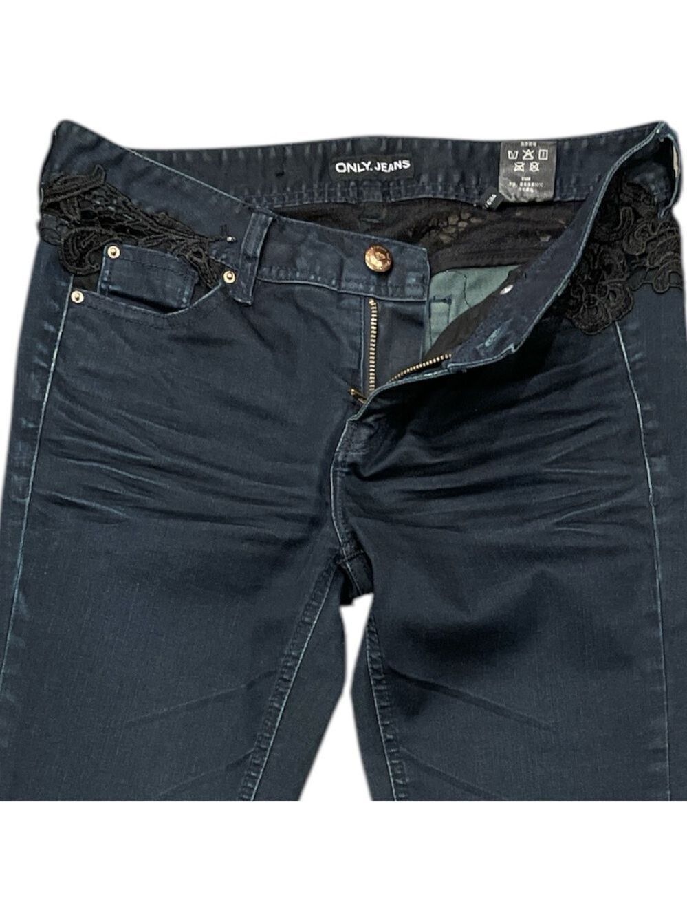 ONLY JEANS W28 black stretch skinny jeans lace detail hip pockets & back waist